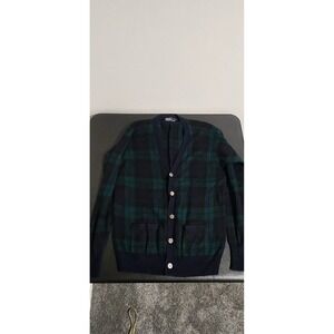 Vintage Polo Ralph Lauren 100% Cashmere Black Watch Plaid Cardigan Sweater 44